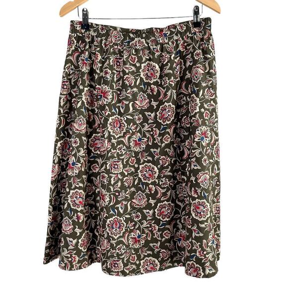 Talbots Silk Floral Midi Skirt in Olive Green Red Boho Print Zip Side, Size 12P - Picture 6 of 7